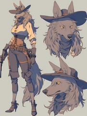 Creature with gray and white fur and yellow eyes in western style, wearing cowboy hat and boots, anime art.