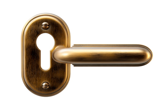 Brass door handle with keyhole on a transparent background