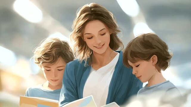 1_Parent shopping for stationery with kids in a bright store