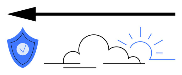 Shield representing security, bold arrow indicating movement, clouds, and rising sun inspiring growth. Ideal for protection, progress, future, growth, success defense simple landing page