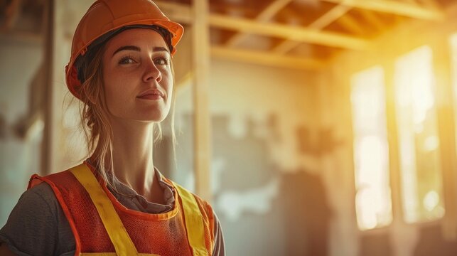 A female construction worker is shown at a construction site, wearing a safety helmet and vest. It is a sunny day.