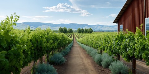 Fototapeta premium A vineyard with a red barn in the background. The vineyard is full of green vines and bushes