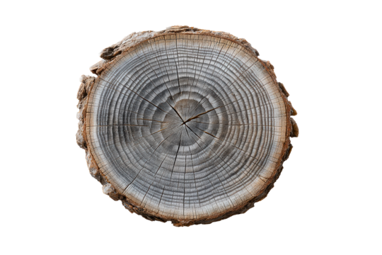 Wooden tree stump showing growth rings with transparent background