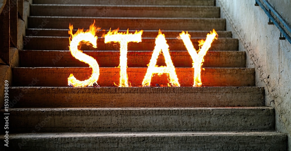 Aufkleber Concrete steps display fiery word STAY. Dramatic lighting emphasizes text, creating intense visual impact. Dark background contrasts bright flames.