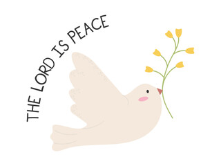 A dove in flight holds a flower in its beak. Peace is Lord. Christian symbol og The Holy Spirit. Vector illustration on isolated white background