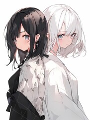 Two anime characters, one black hair one white hair, standing side by side in matching white tops with black bird patterns.