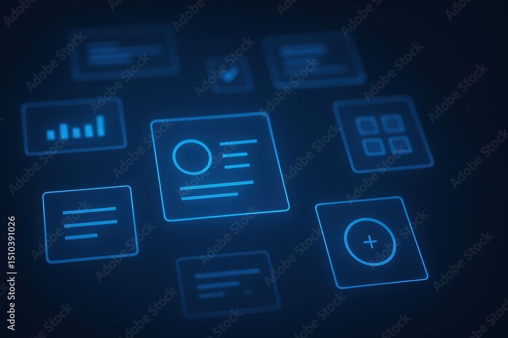 Poster futuristic digital interface with data and analytics icons on dark background