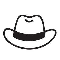 A cowboy hat is drawn using black outlines in a monochrome vector style, set clearly against a white background for dramatic contrast.