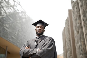 Proud male graduate in cap and gown standing confidently outdoors, celebrating academic achievement in modern urban setting with professional attire and bright smile