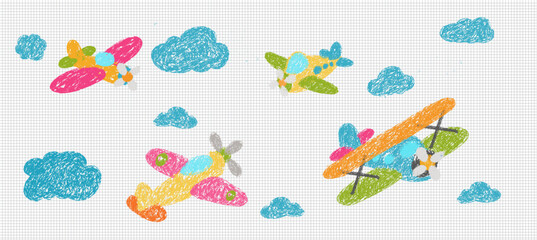 Naklejka premium Playful Childlike Small Private Jets Crayon Set - pastel-toned, hand-drawn private jets with whimsical details, perfect for kids' aviation themes