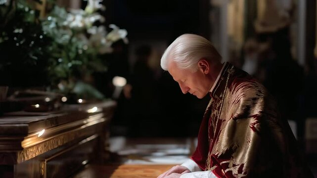 A cardinal praying before a vote in a chapel