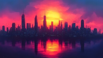 Fototapeta premium Vibrant skyline silhouette reflecting in the water at sunset high resolution image