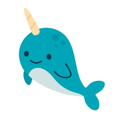 Friendly narwhal with signature spiral tusk and a joyful expression, perfect for ocean-inspired kids’ content and learning tools
