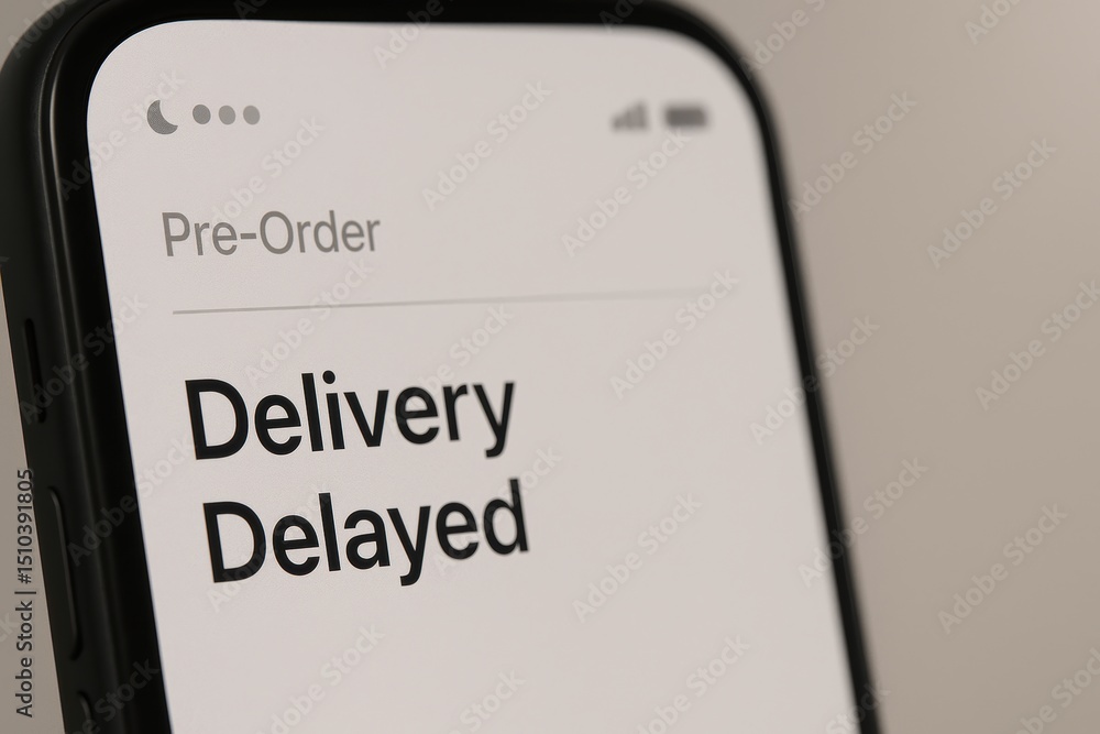 Poster smartphone display showing pre-order notification for delivery delayed message on screen