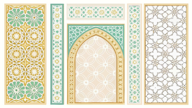 Islamic geometric pattern vector set with ornate borders, arched frame, and decorative elements - Arabic traditional design collection.