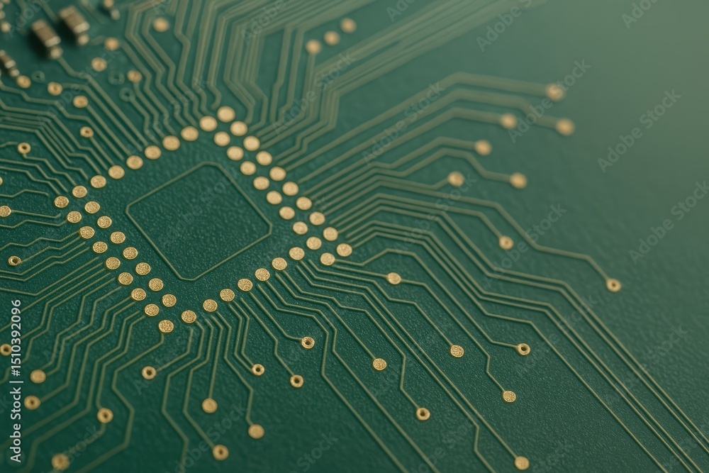 Poster close-up view of a circuit board with golden traces and chip, technology background