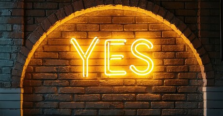 Brick wall features glowing neon sign spelling YES. Warm light illuminates textured surface, dark background creates contrast. Simple, bold statement.