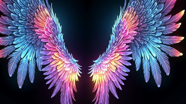 A pair of colorful iridescent wings with feathers on a black background facing each other symmetrically