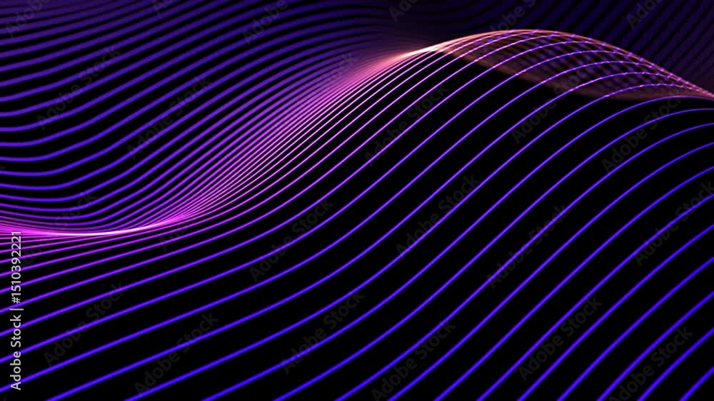 Poster smooth wave motion of bright neon curved lines on black background. abstract concept of artificial i