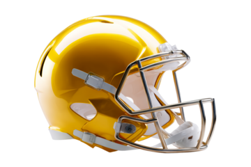 A glossy gold football helmet rests on a transparent background