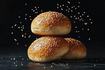 Three sesame seed burger buns stacked on black background