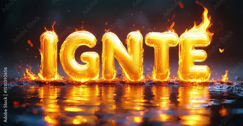 Aufkleber fiery text spelling ignite rests upon reflective surface. flames surround letters, creating intense 