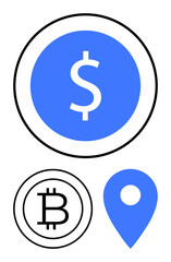 Blue dollar sign coin, Bitcoin coin, and a location marker. Ideal for finance, cryptocurrency, transactions, navigation, fintech blockchain payment. Clean flat simple metaphor