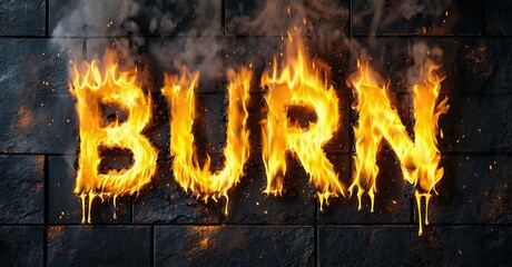 Fiery text spelling BURN against dark brick wall. Intense flames, smoke create dramatic visual impact. Powerful, striking imagery.