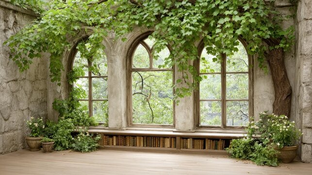 Fototapeta Three arched overlook a lush garden scene from a stone building.