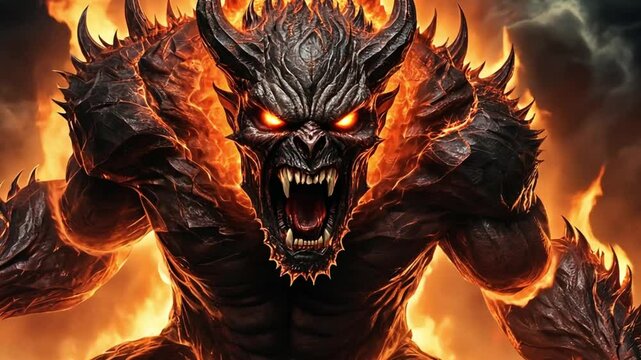 A menacing demon figure with glowing red eyes surrounded by fire and smoke in dark fantasy art