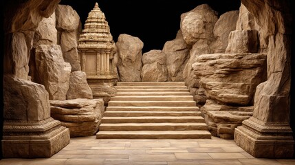 Ancient stone temple structure stands in a cave with stairs leading up.