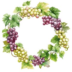 A wreath of grapes, white background, vector illustration, watercolor, pastel colors, 