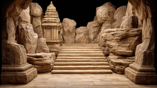 Ancient stone temple structure stands in a cave with stairs leading up.