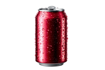 Cold red beverage can with condensation and transparent background
