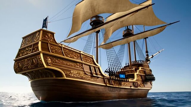 Ornate wooden sailing ship on the open sea