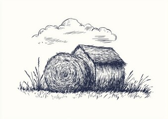 Unique hand-drawn style highlights the beauty of isolated haystacks on a farm.