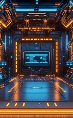 Obraz premium A futuristic stage illuminated by glowing lights.