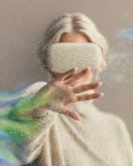 User Interacting with Augmented Reality Glasses, Reaching Out to Explore a Digital Experience Surrounded by Vibrant Colors and Illumination Effects