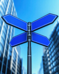 downtown city intersection with blank blue street signs, clear sunny sky, urban travel adventure, Vintage style