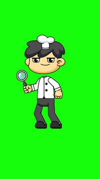 Chibi Chef with Magnifying Glass, Cartoon Search Animation on White 