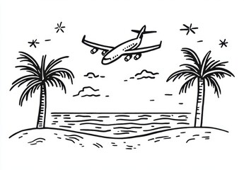 A minimalist single line art sketch depicts an airplane in flight over a serene beach.