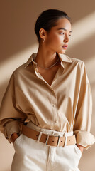 Frau in beigefarbenem Hemd und Gürtel