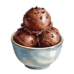 Watercolour Illustration of Bowl of Chocolate Ice Cream Scoops on Transparent PNG Background