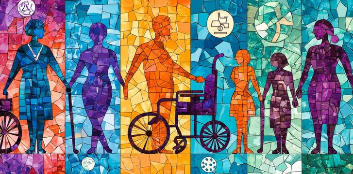 Empowerment through art: symbols of disability on a lively backdrop.
