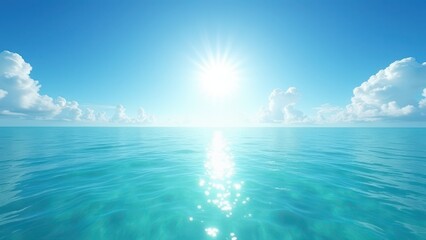 Obraz premium Sunlit turquoise ocean reflecting sunlight with puffy clouds in bright blue sky