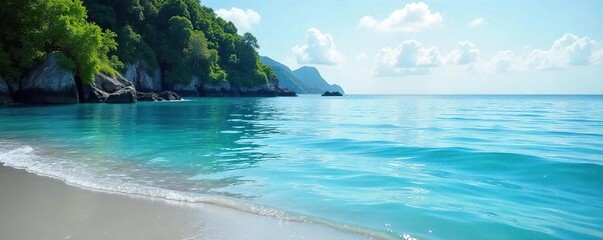 Serene blue water gently laps a tranquil shore, creating a calming, meditative atmosphere Perfect for relaxation and spa themes , watercolour, day