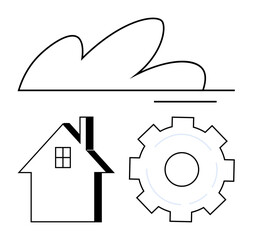 Minimalist cloud, house, and gear icons symbolizing technology, automation, housing, innovation. Ideal for smart home, technology, service automation engineering innovation simple landing page