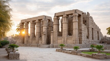 Obraz premium Ancient Luxor Temple stands tall against the backdrop of the setting sun.