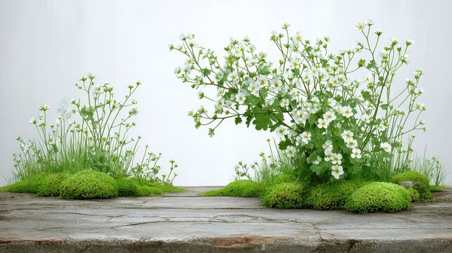 White saxifraga flowers bloom on wooden surface with green moss patches.