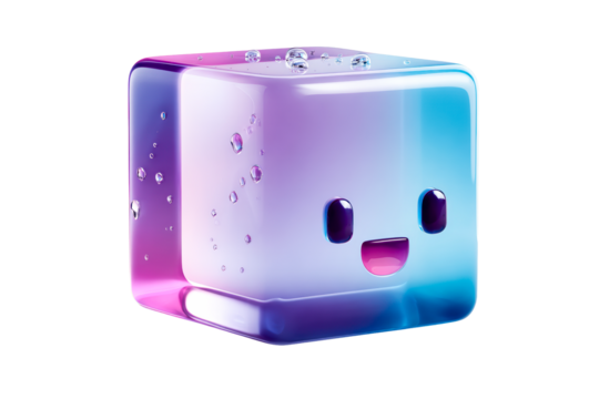 Colorful smiling ice cube with bubbles on a transparent background